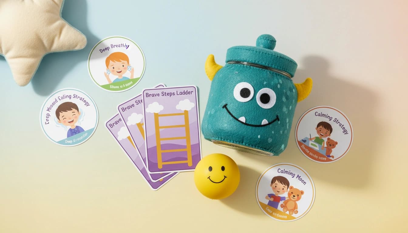 Child-friendly anxiety worksheets with worry monster and brave steps ladder