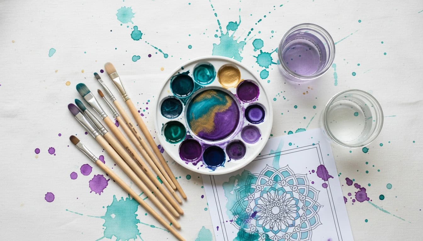 Art therapy worksheets with watercolour mandalas and creative exercises