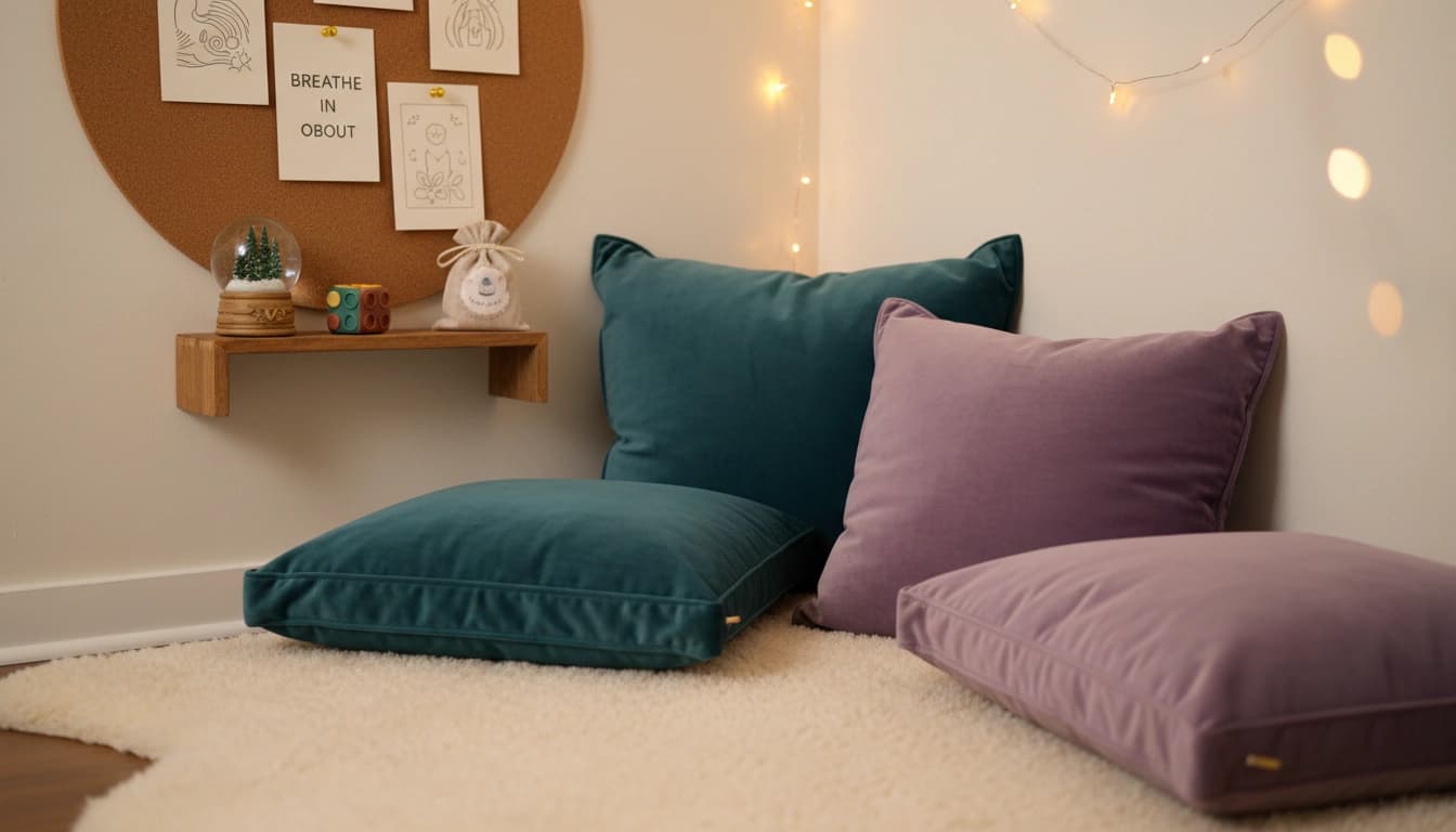 Beautifully set up calming corner with breathing cards and sensory items