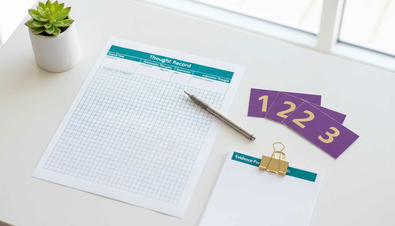 CBT worksheets showing thought records and cognitive distortion identification