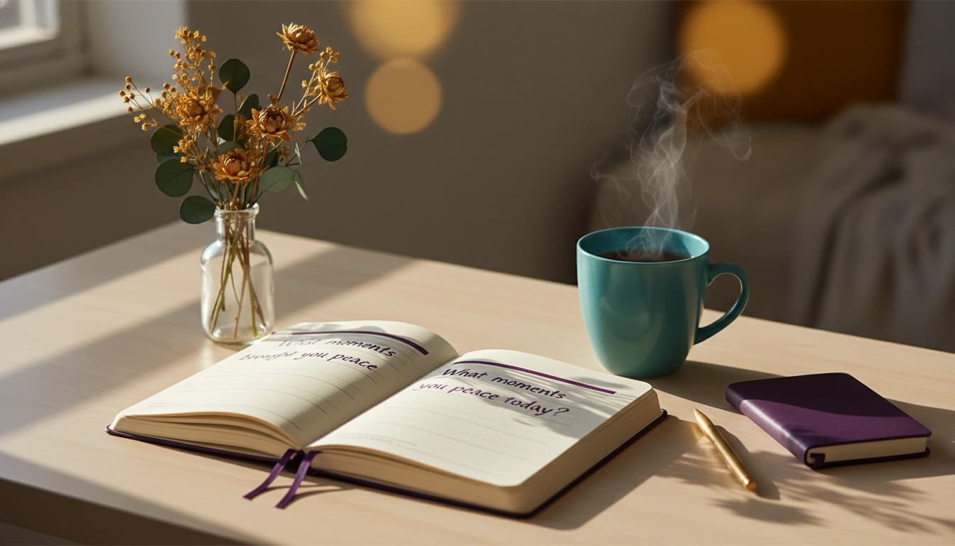 Open journal with mindful writing prompts on a calm teal and purple-accented desk