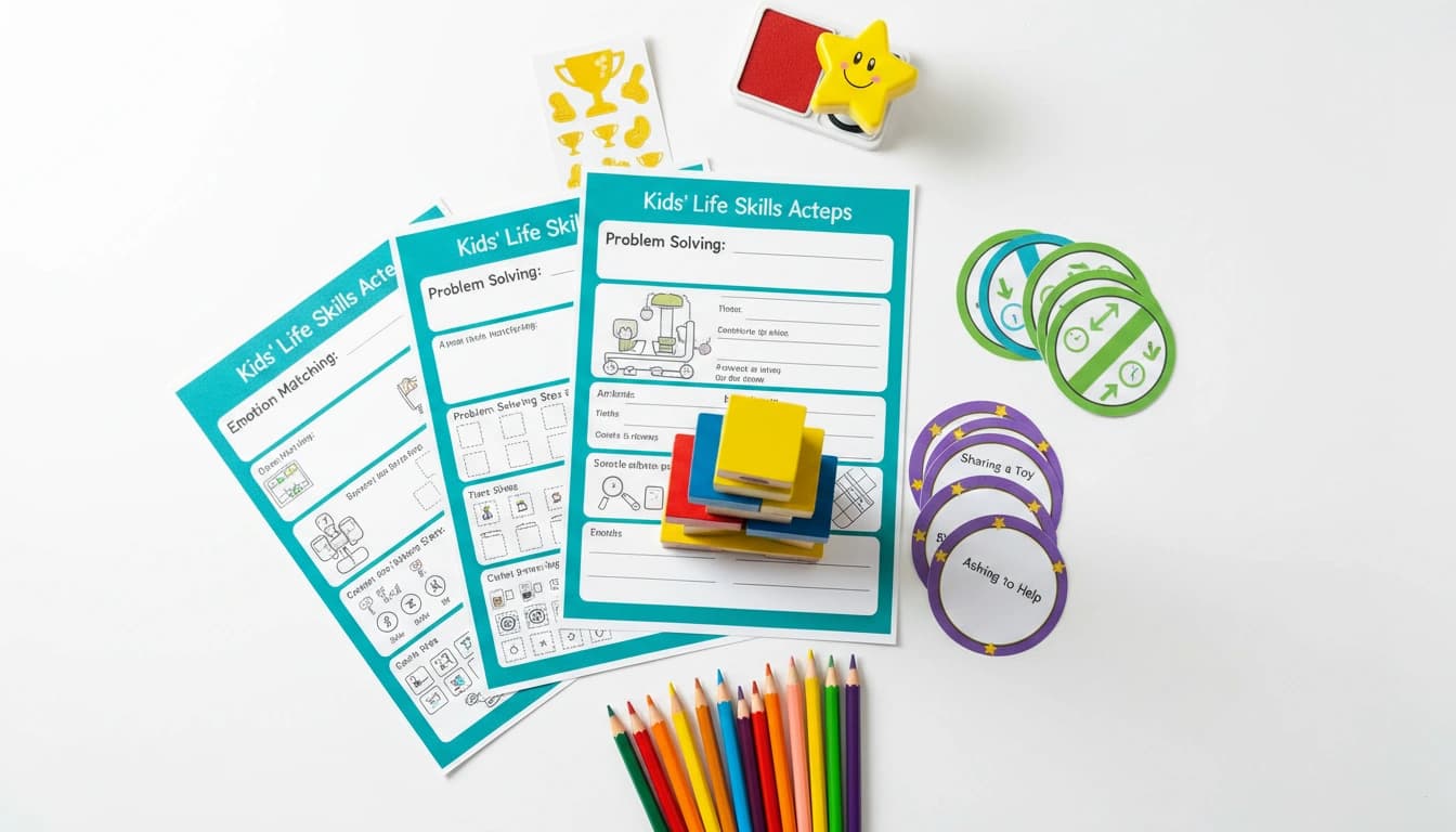 Kids life skills worksheets with colourful interactive activities