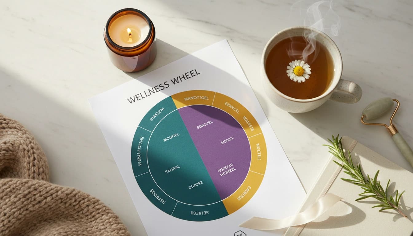 Self-care planning worksheets with assessment wheel and daily checklist