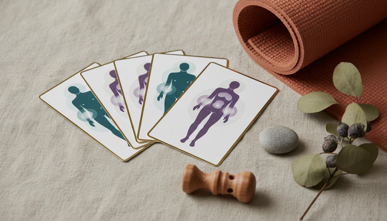 Somatic therapy exercise cards showing body scan and breathing techniques