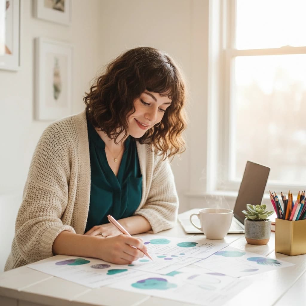 Clara Ellington designing therapeutic worksheets at her desk