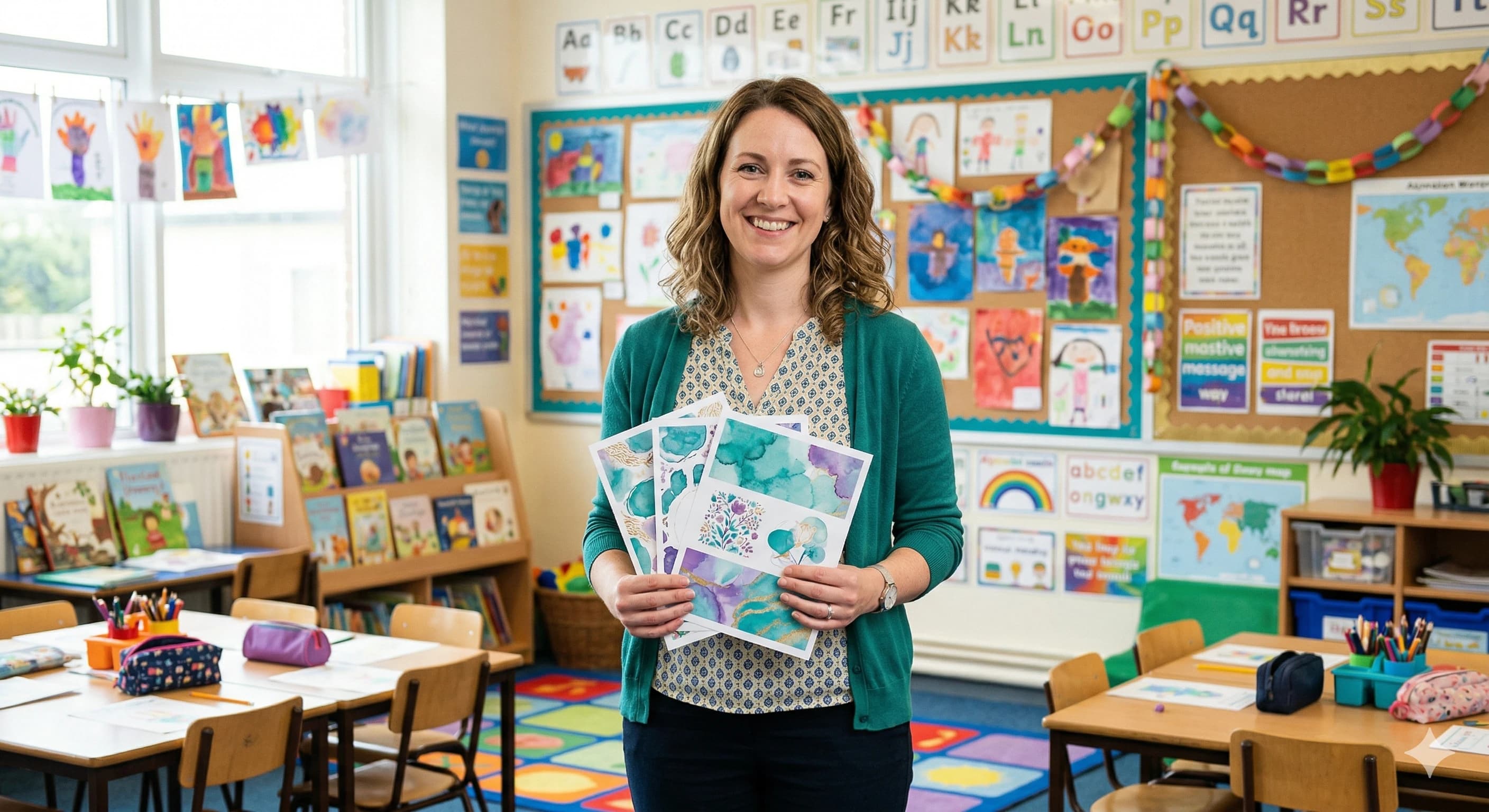 Teacher showing colourful mental health worksheets in a bright classroom