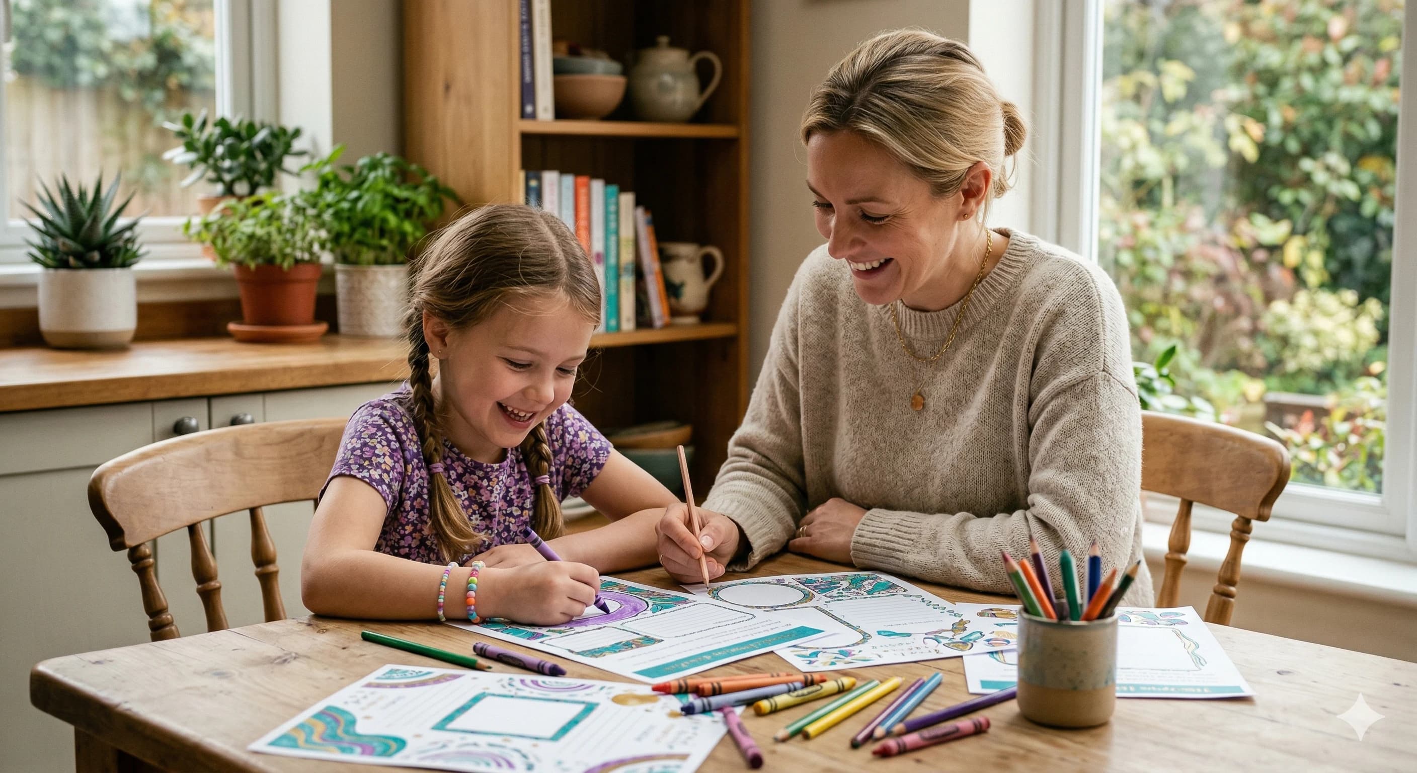 Mother and daughter doing colourful mental health worksheets together at home