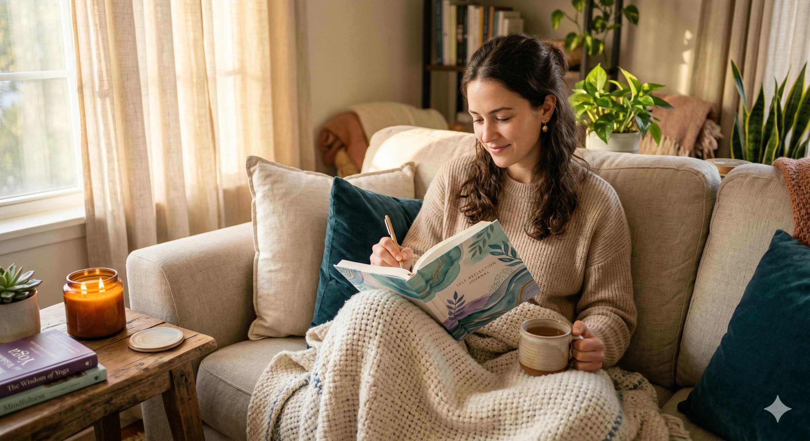 Woman peacefully journaling with a therapeutic workbook during self-care time